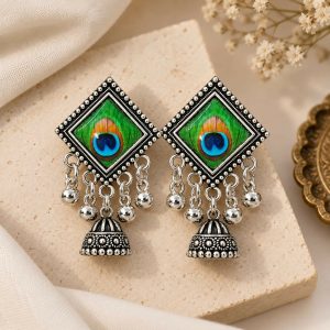 Oxidised Silver-Look Peacock Feather Glass Cabochon Jhumka Earrings with Ghungroo Drops