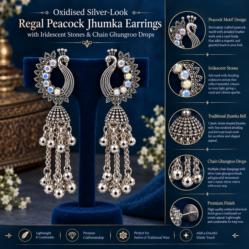 Oxidised Silver-Look Regal Peacock Jhumka Earrings with Iridescent Stones & Chain Ghungroo Drops