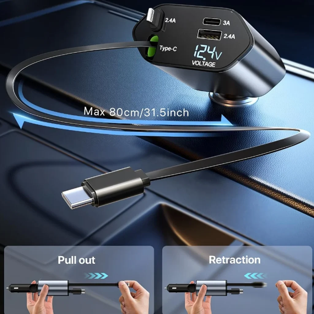 4-In-1 Car Charger – Dual Cables & 120W Super Fast Power