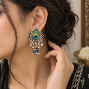 Oxidised Silver-Look Peacock Feather Glass Cabochon Jhumka Earrings with Ghungroo Drops - Image 2