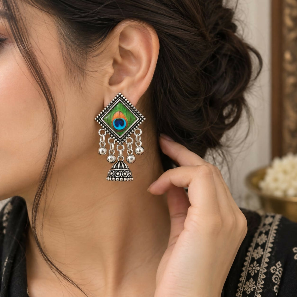 Oxidised Silver-Look Peacock Feather Glass Cabochon Jhumka Earrings with Ghungroo Drops