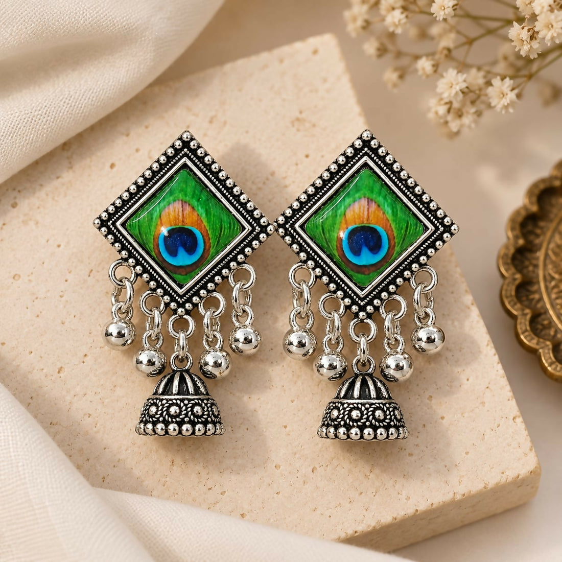 Oxidised Silver-Look Peacock Feather Glass Cabochon Jhumka Earrings with Ghungroo Drops - Image 1