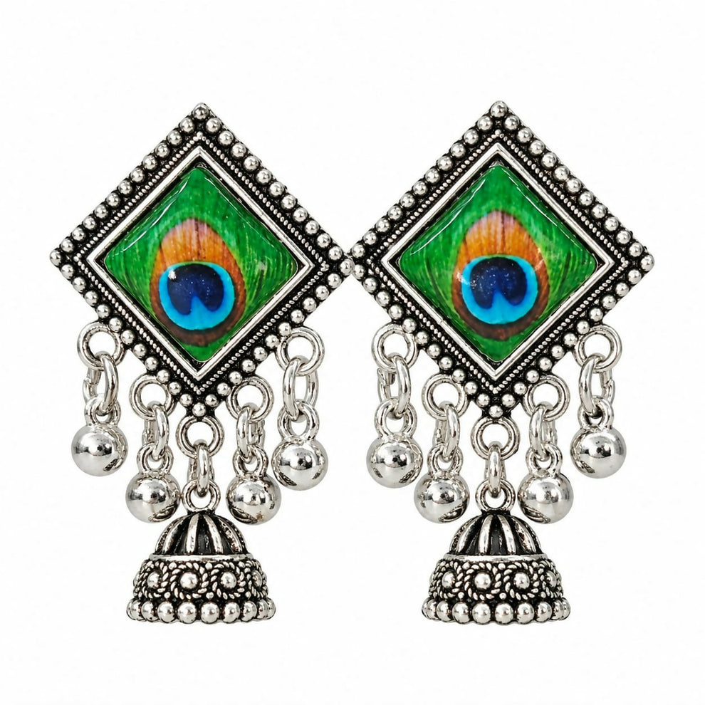 Oxidised Silver-Look Peacock Feather Glass Cabochon Jhumka Earrings with Ghungroo Drops