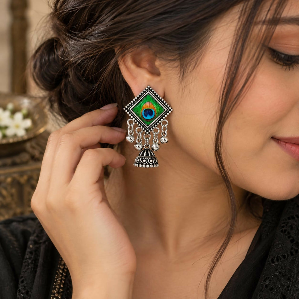 Oxidised Silver-Look Peacock Feather Glass Cabochon Jhumka Earrings with Ghungroo Drops