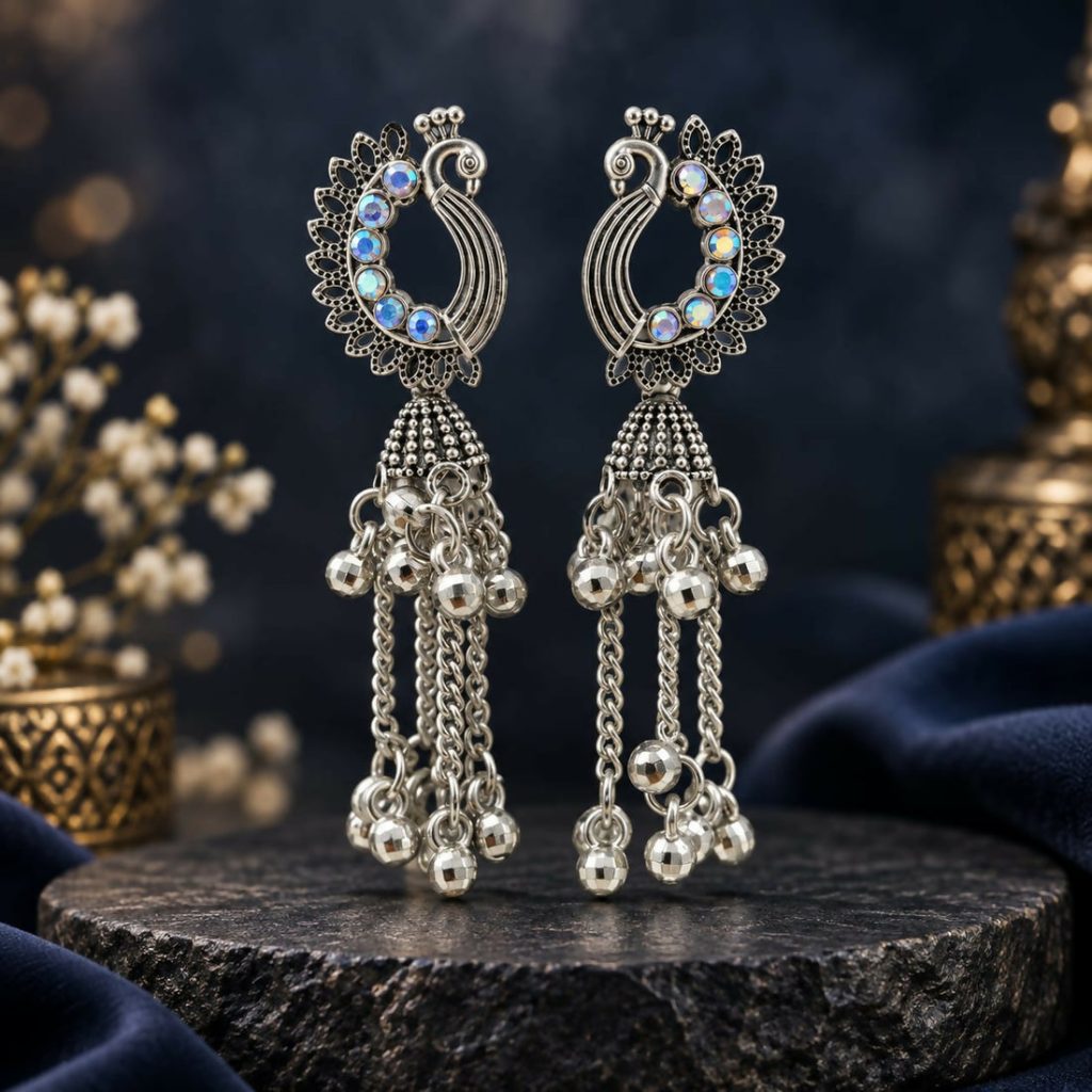 Oxidised Silver-Look Regal Peacock Jhumka Earrings with Iridescent Stones & Chain Ghungroo Drops
