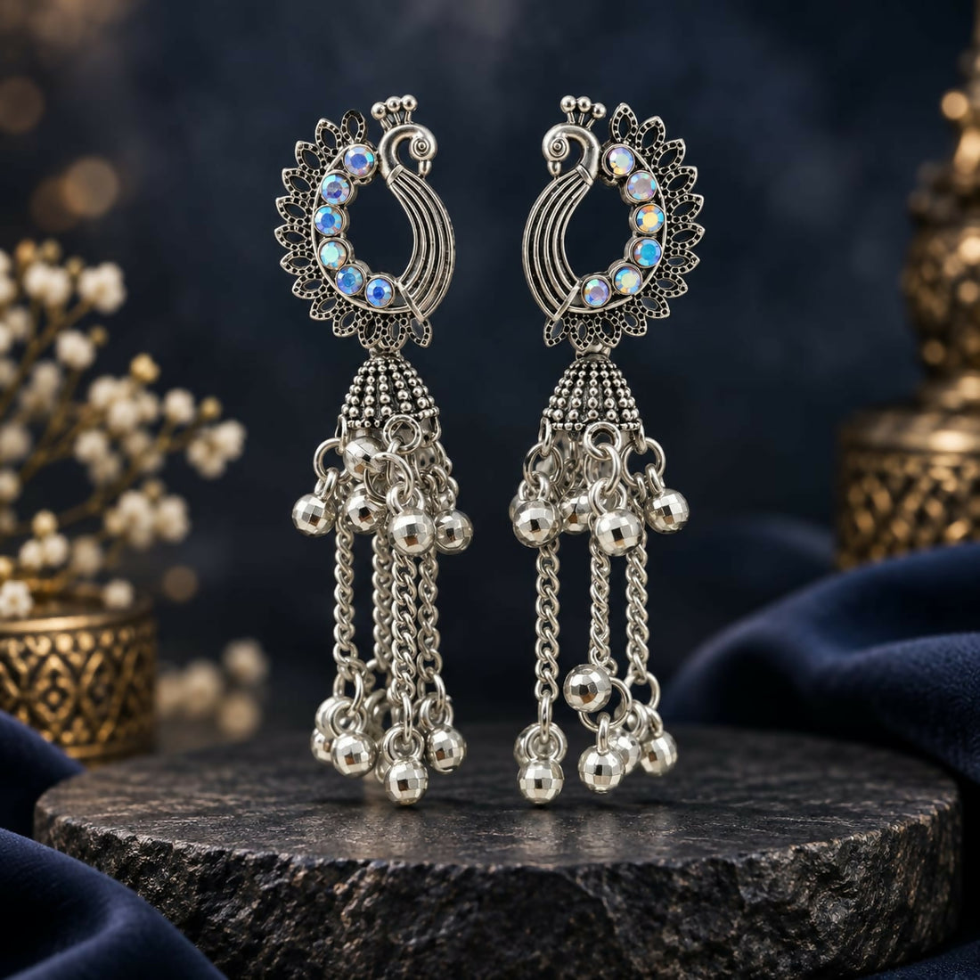 Oxidised Silver-Look Regal Peacock Jhumka Earrings with Iridescent Stones & Chain Ghungroo Drops - Image 1