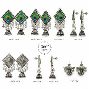 Oxidised Silver-Look Peacock Feather Glass Cabochon Jhumka Earrings with Ghungroo Drops - Image 3