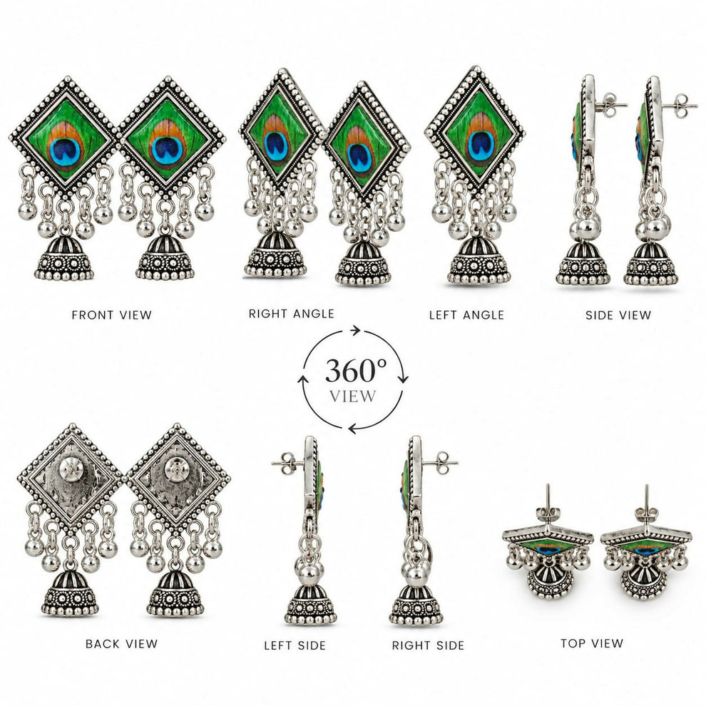 Oxidised Silver-Look Peacock Feather Glass Cabochon Jhumka Earrings with Ghungroo Drops