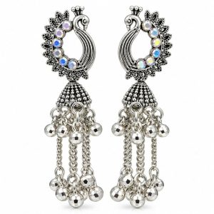 Oxidised Silver-Look Regal Peacock Jhumka Earrings with Iridescent Stones & Chain Ghungroo Drops - Image 4