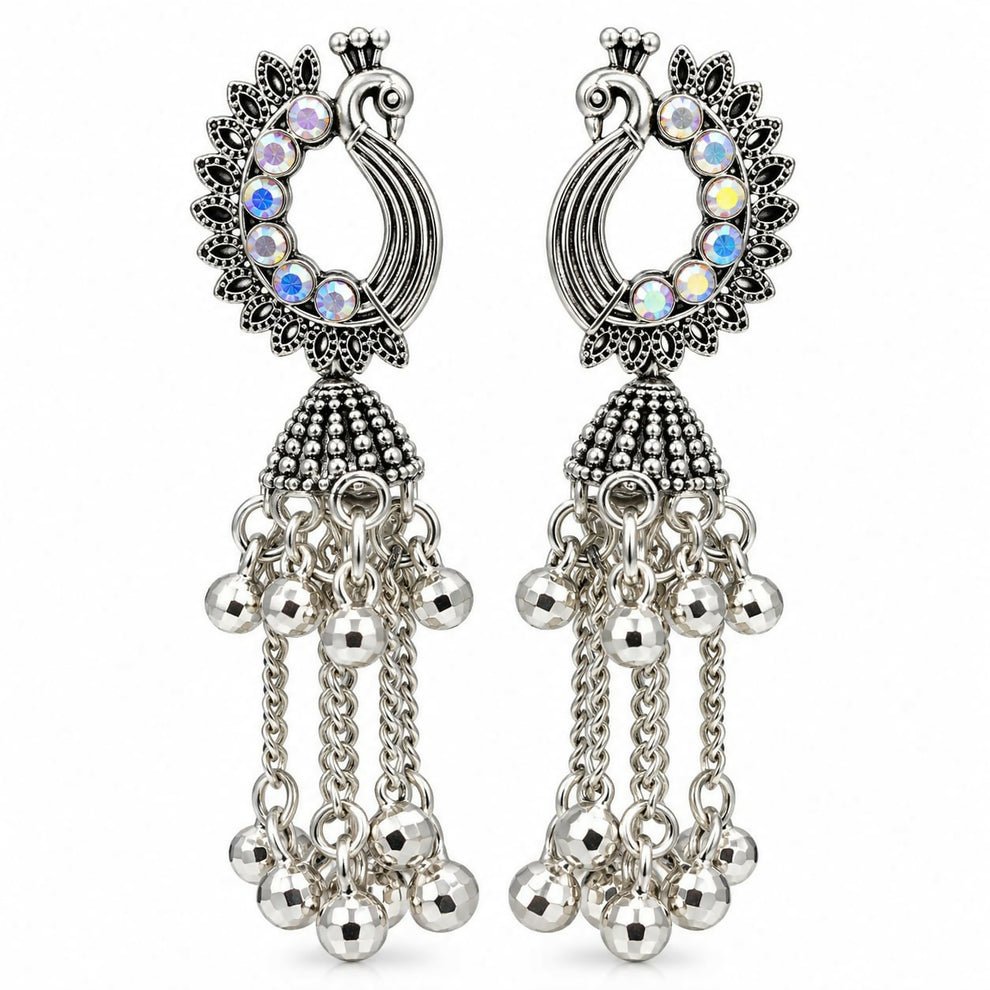 Oxidised Silver-Look Regal Peacock Jhumka Earrings with Iridescent Stones & Chain Ghungroo Drops